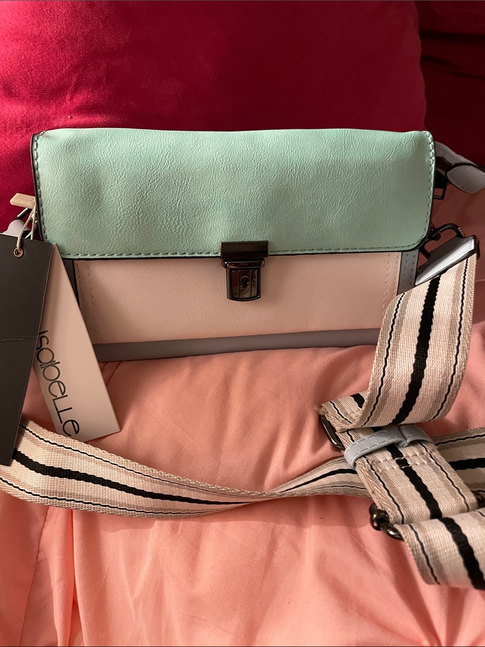Isabelle Two-Tone Mint & Cream Crossbody Bag with Striped Strap